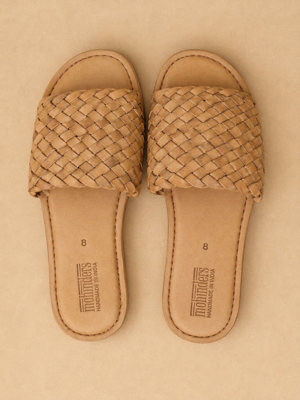 Mohinders Woven Leather City Slipper Slides Natural Tan Sizes 7-8 Handmade India